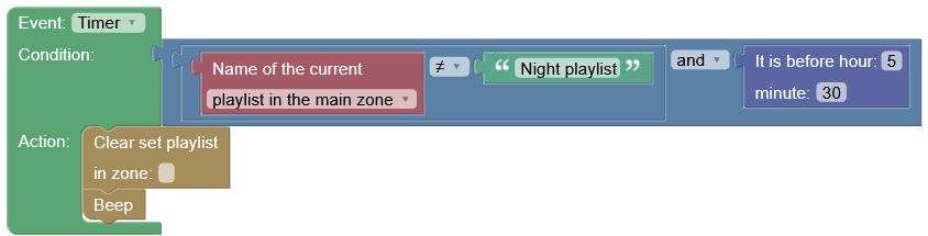 Every minute check if the current playlist in the main zone is not “Night playlist” and it is before 5:30 AM, if true, clear the manually set playlist in the main zone and beep