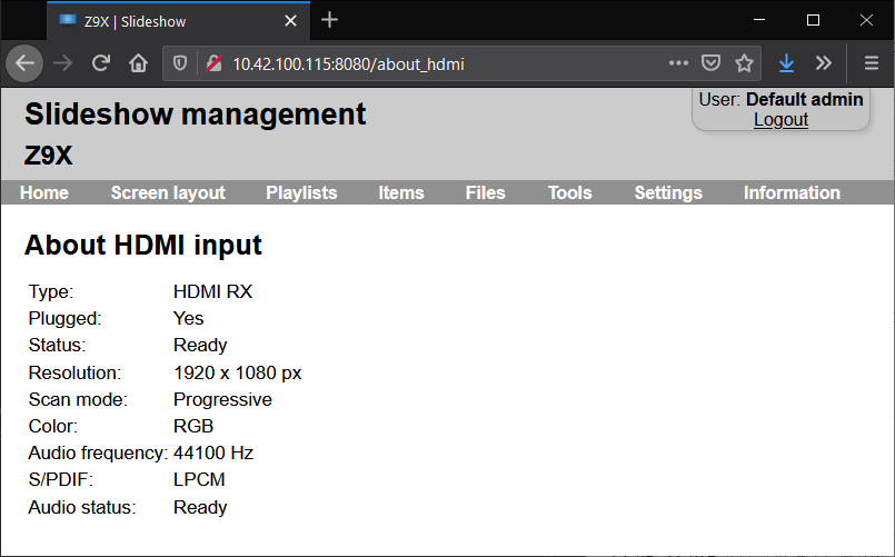 Details about HDMI input in Slideshow's web interface