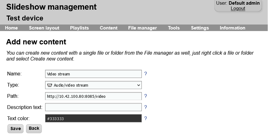Creating new content with type Audio/video stream