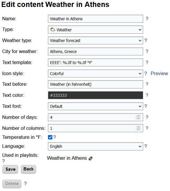 Dialog for editing content on the web interface. Example for degrees Fahrenheit.