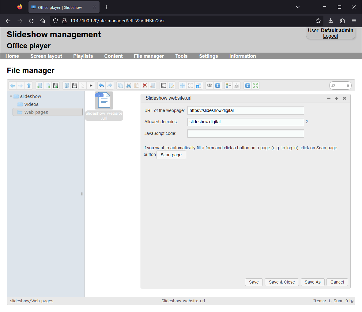 Dialog for entering the web page
