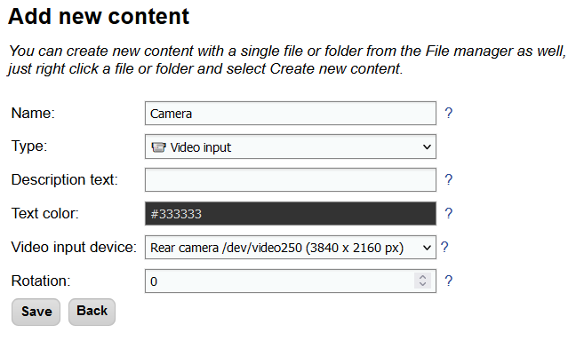 Web interface for editing content with type Video input