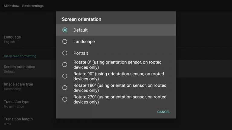 Setting screen orientation through Basic settings